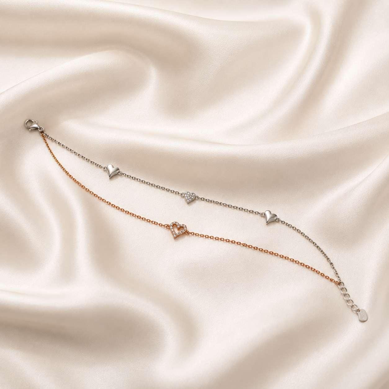 Two tone layered anklet with hanging rose gold hearts
