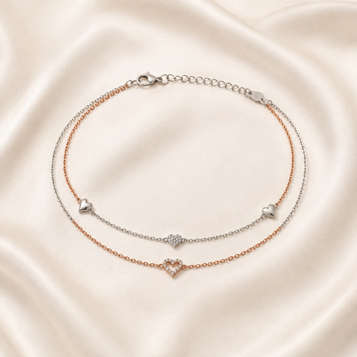 Adjustable rose gold and silver heart charm anklet