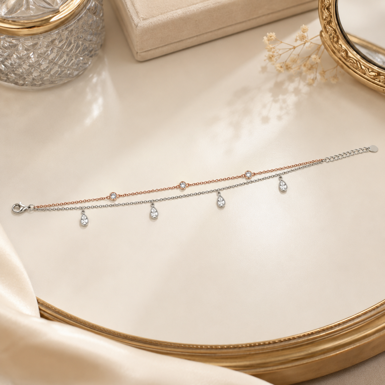 Silver and rose gold teardrop charm anklet for women