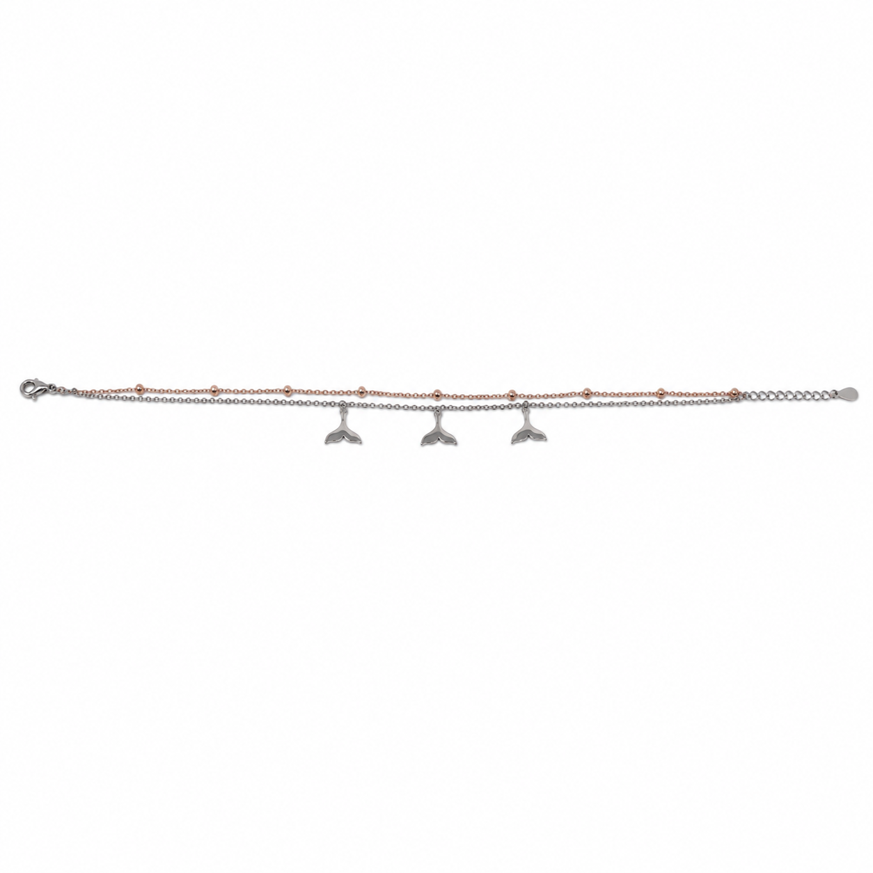 Silver charm anklet with a rose gold mermaid tail