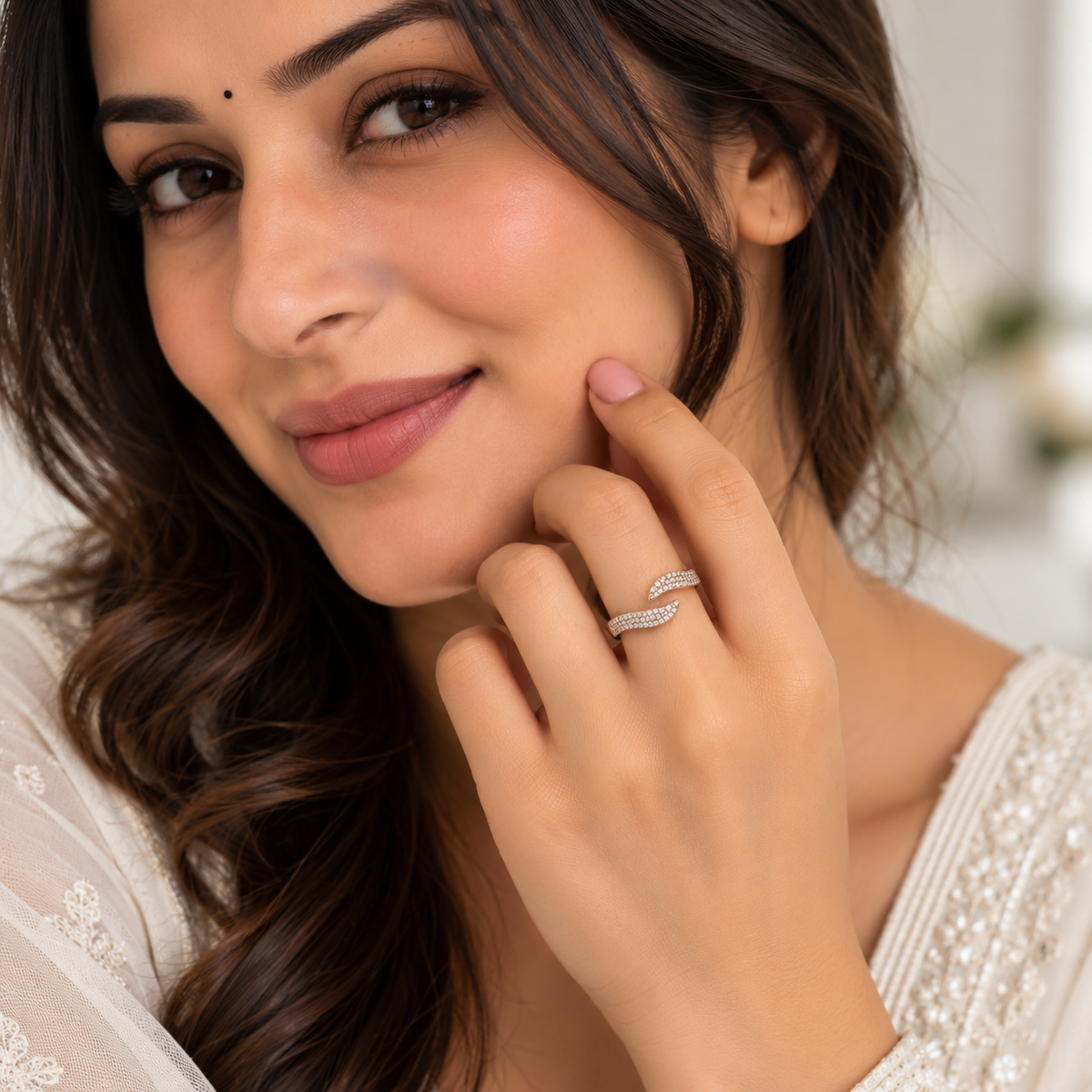 Silver Rose Gold Pave Bypass Band Ring