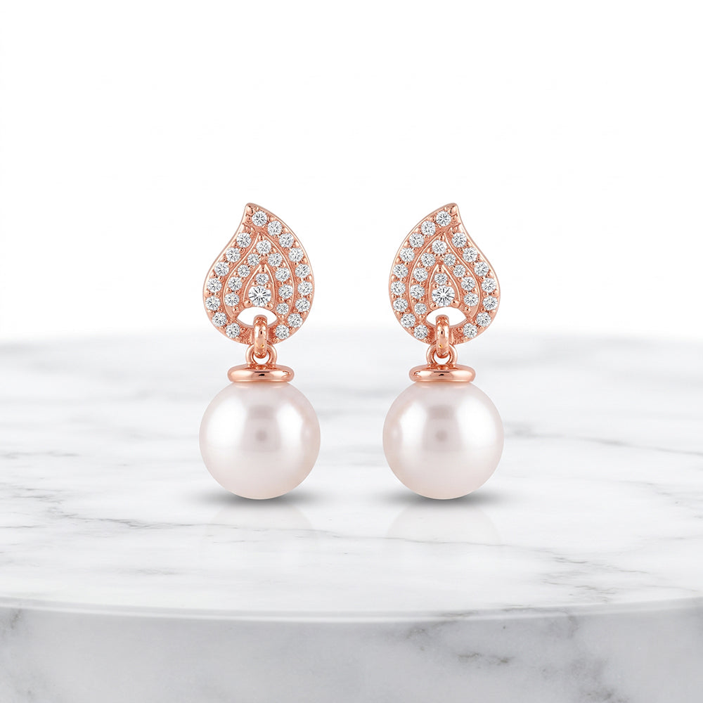 Silver Rose Gold Pave Leaf Pearl Drop Earrings