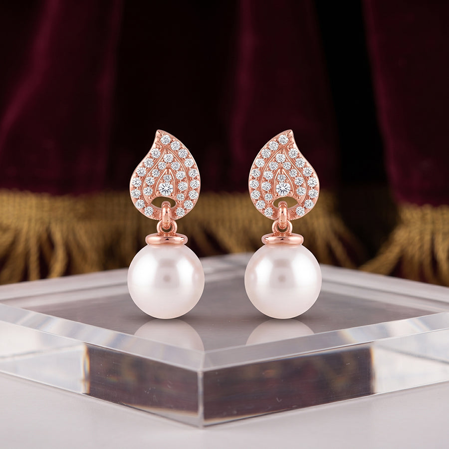 Silver Rose Gold Pave Leaf Pearl Drop Earrings