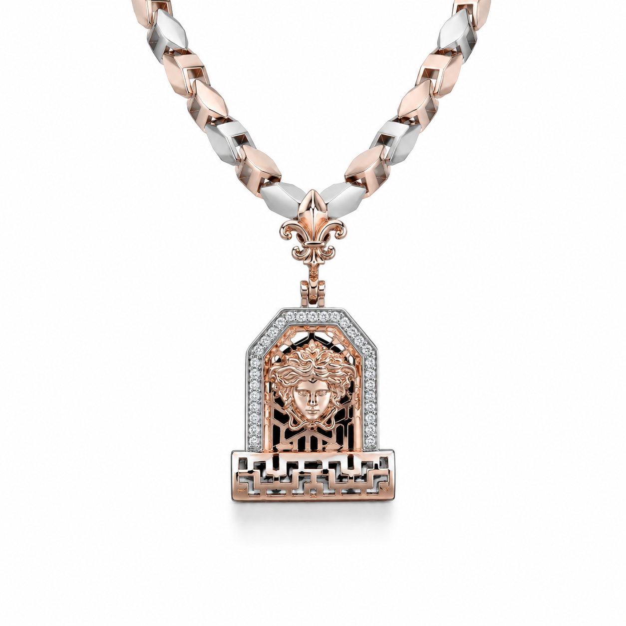 Close up of the Silver Rose Gold Polish Geometric Square Pendant featuring a Medusa head, white stones, and a Greek key pattern on a white background.