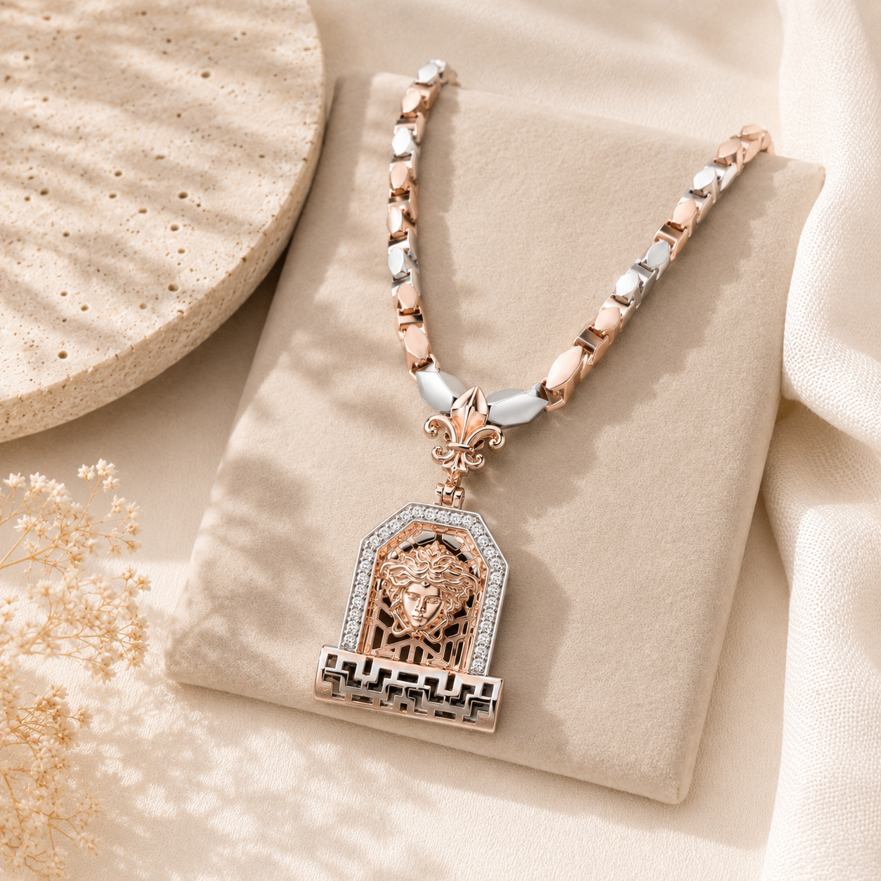 Silver Rose Gold Polish Geometric Square Pendant Chain with a Medusa pendant displayed gracefully on a beige suede jewelry pad.