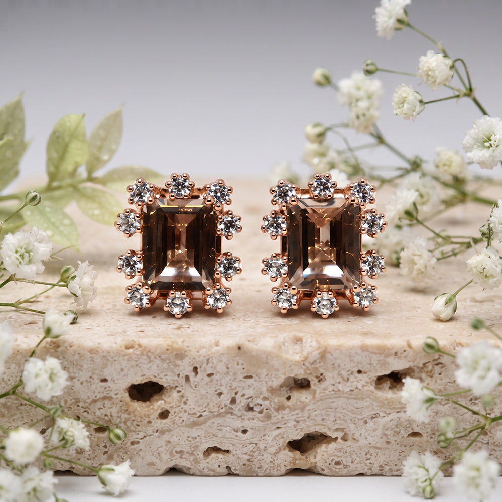 Silver Rose Gold Smoky Emerald Cut Stud Earrings