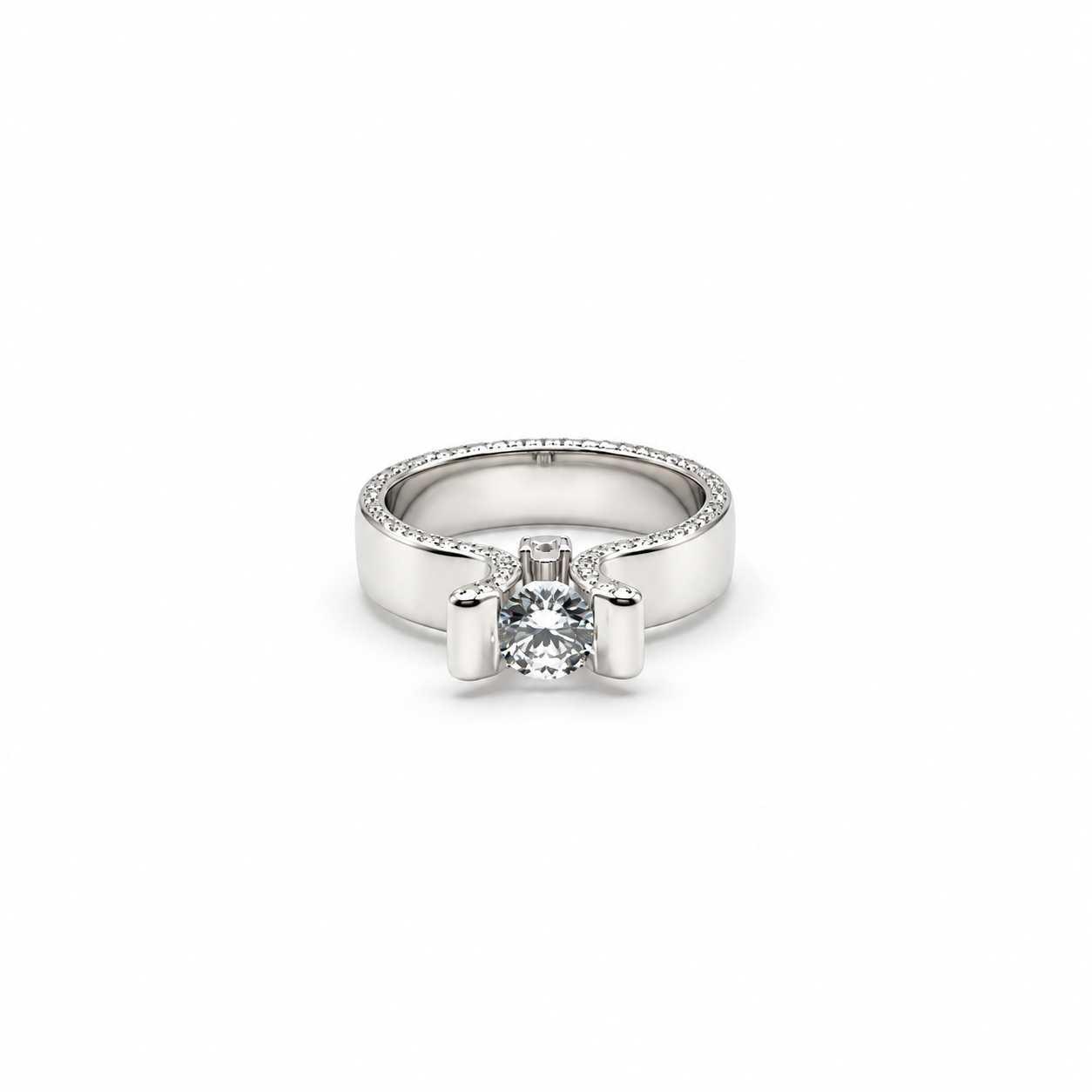 Silver Round Cut Bar Set Solitaire Ring