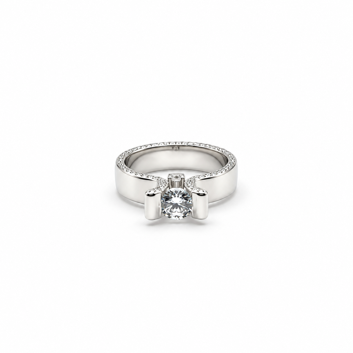 Silver Round Cut Bar Set Solitaire Ring