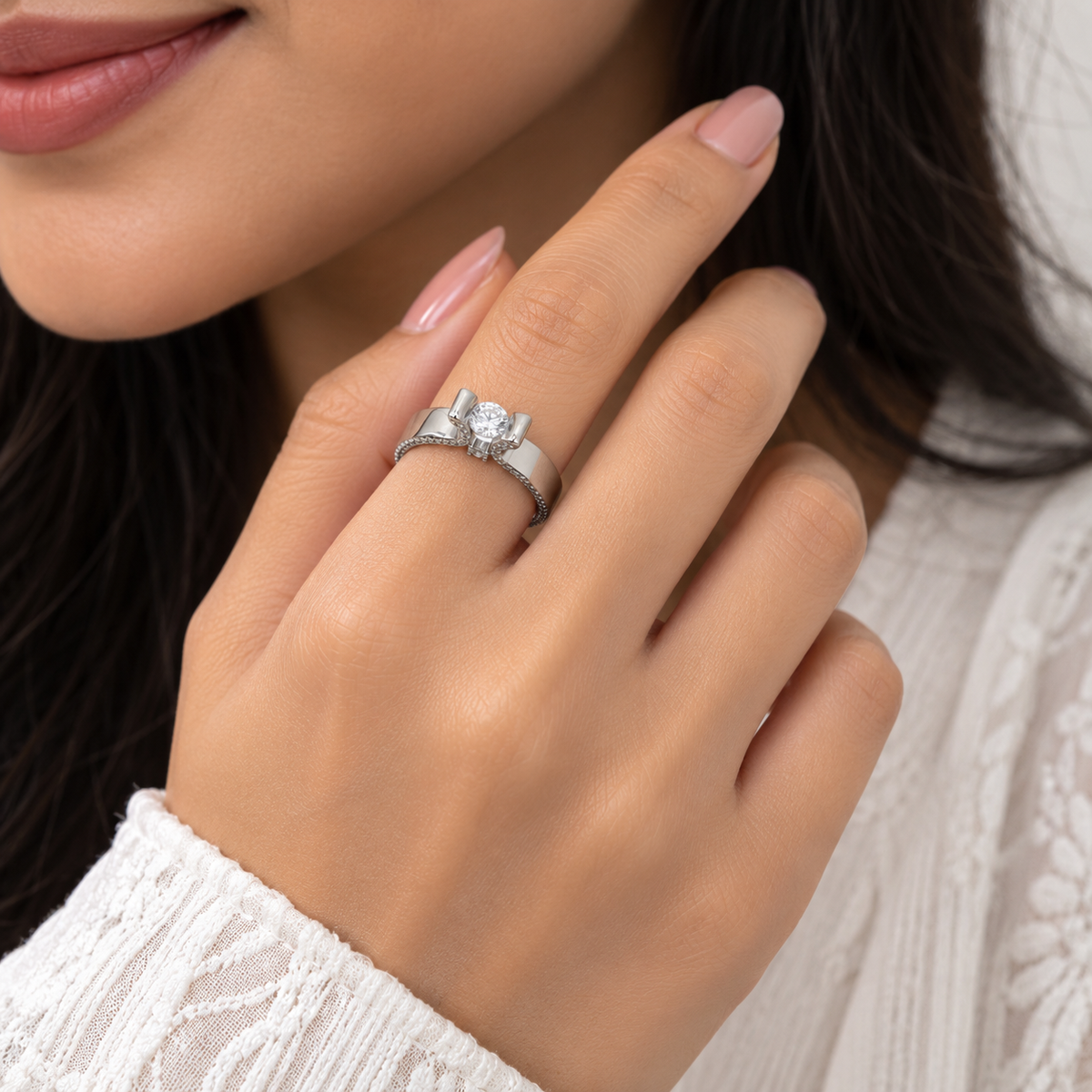Silver Round Cut Bar Set Solitaire Ring