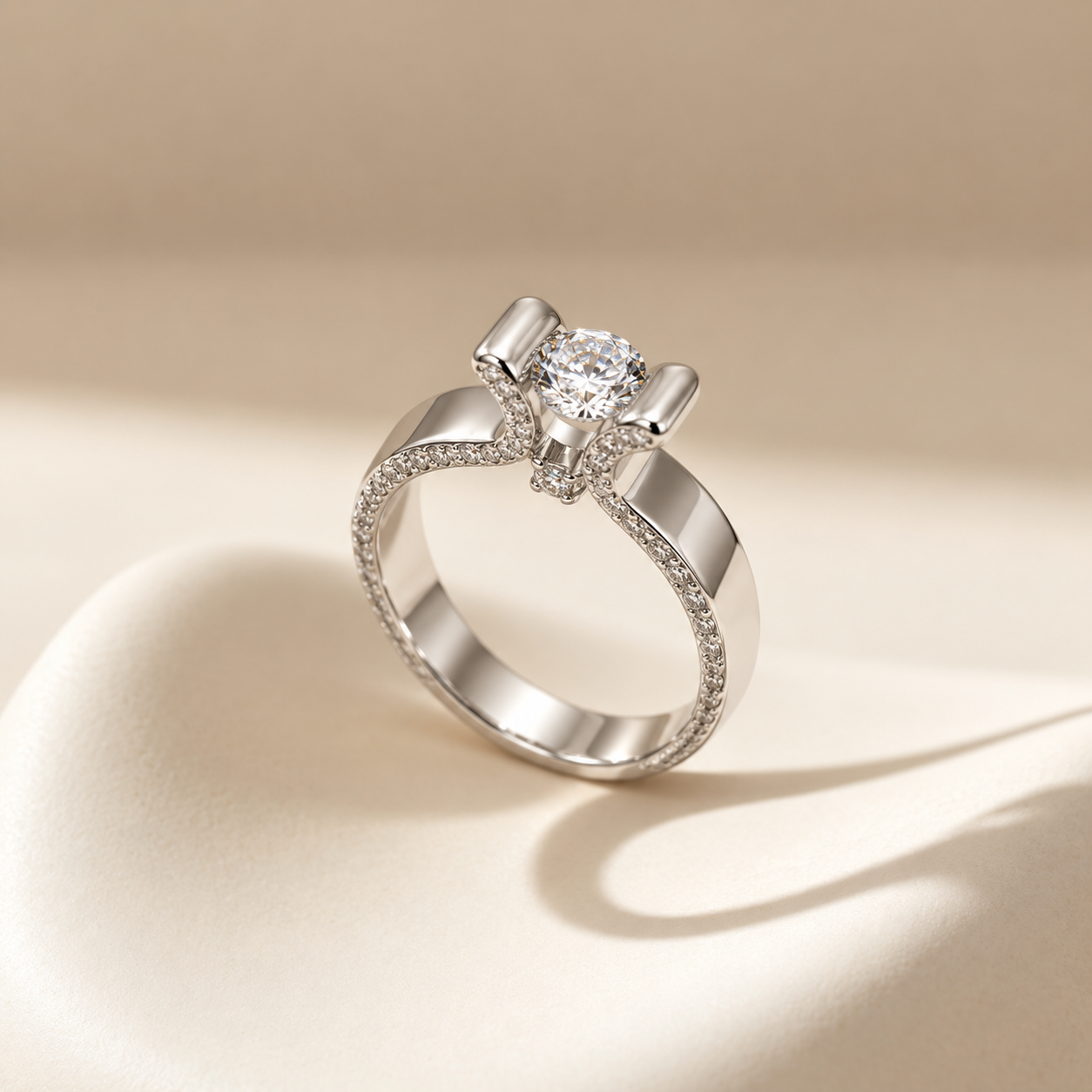 Silver Round Cut Bar Set Solitaire Ring