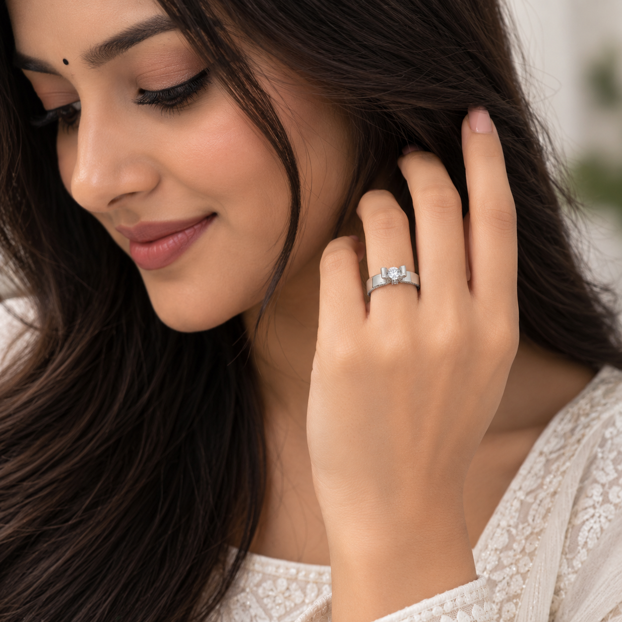 Silver Round Cut Bar Set Solitaire Ring