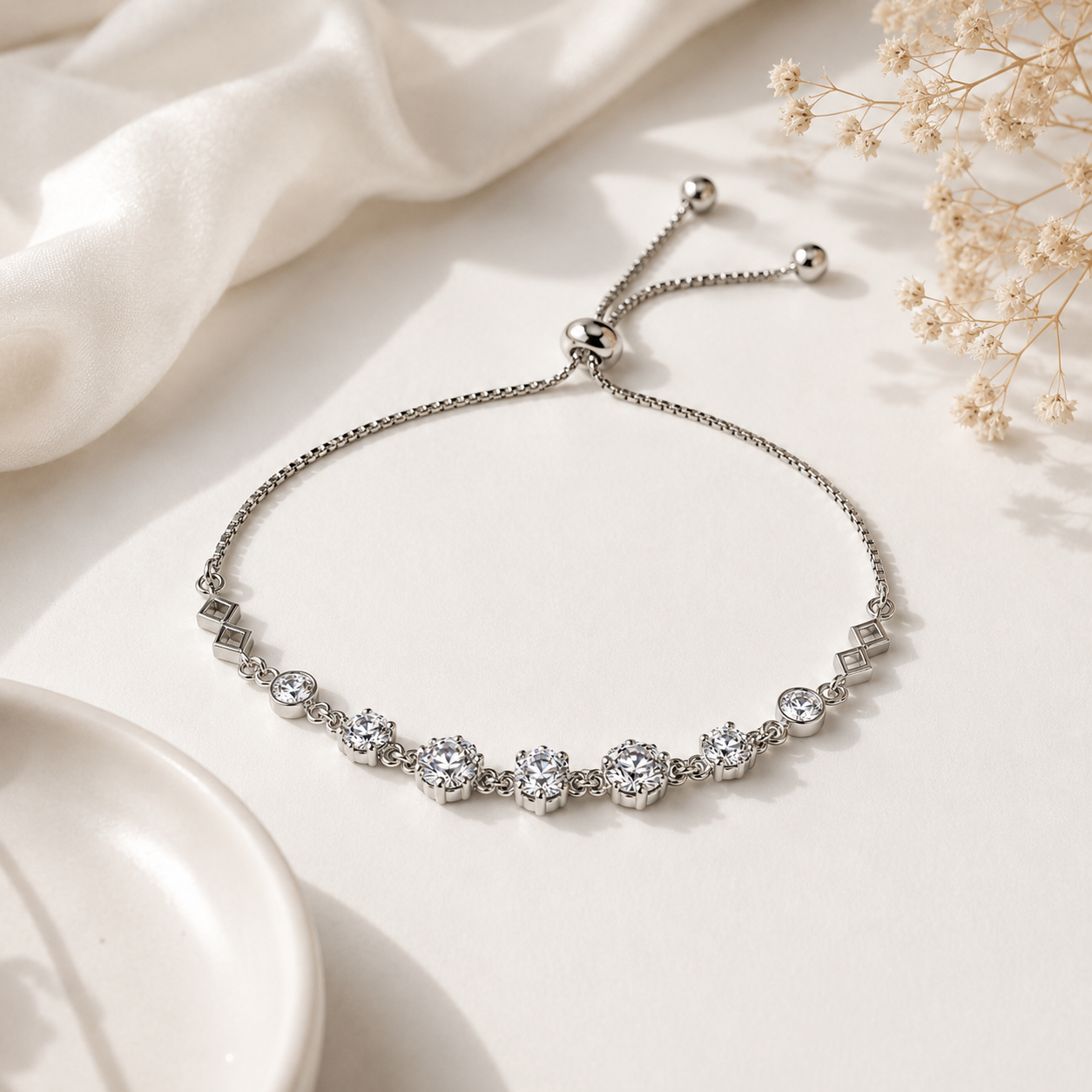 Silver Round CZ Bolo Bracelet