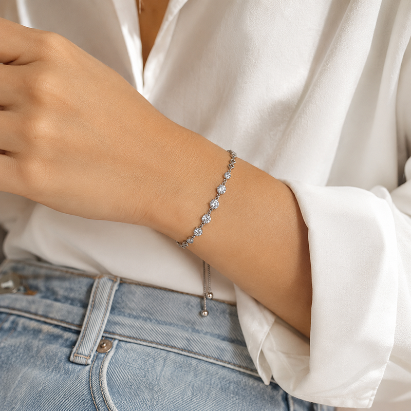 Silver Round CZ Bolo Bracelet