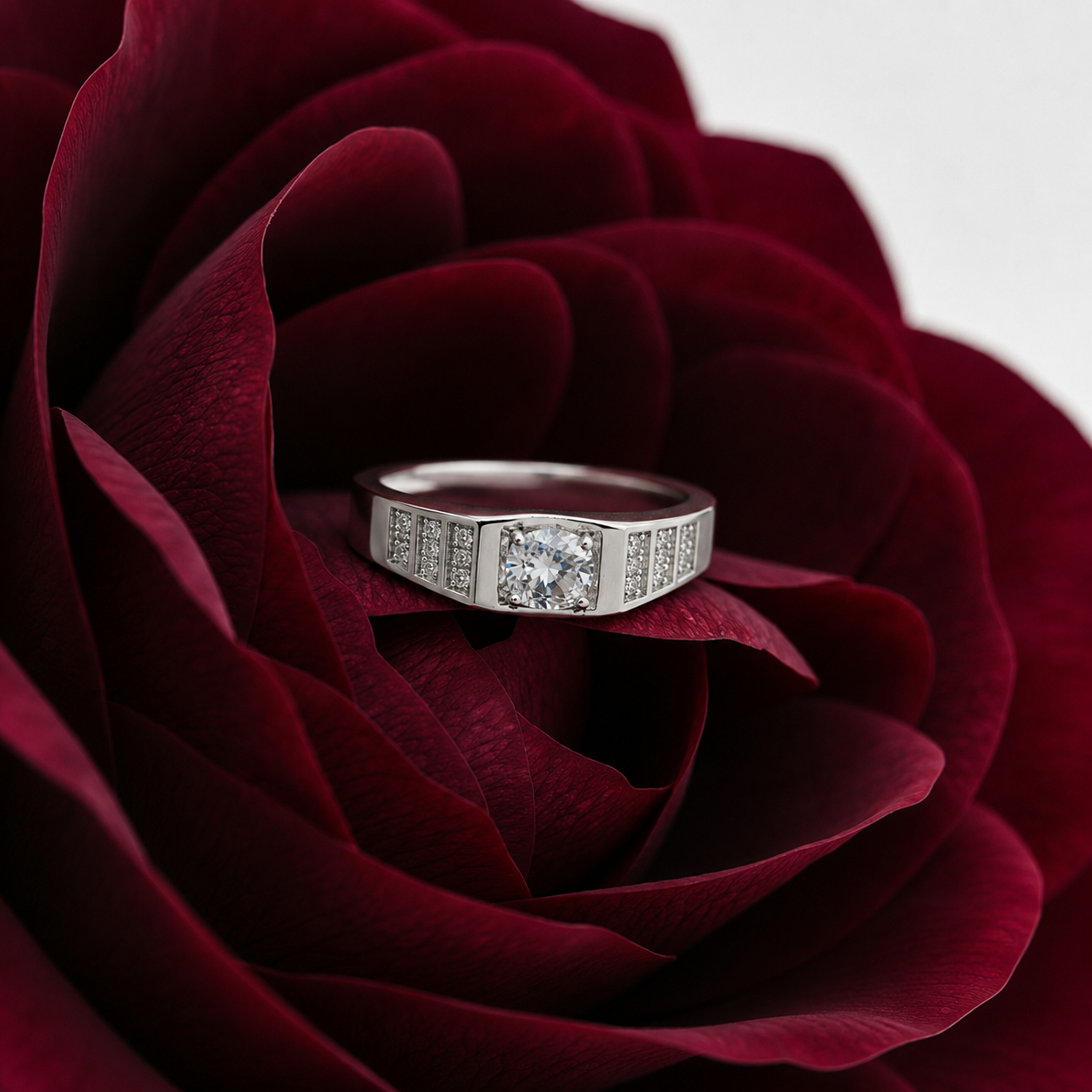Channel set stones on both shoulders of a silver ring