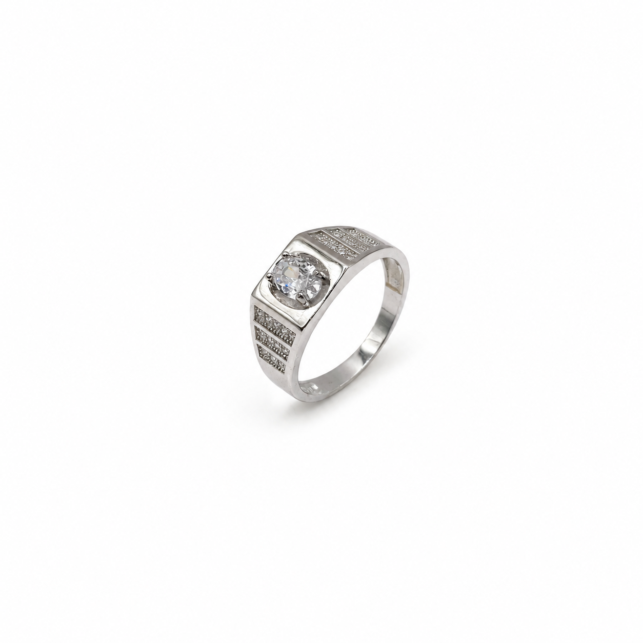 Silver mens ring with pave shoulders and round CZ