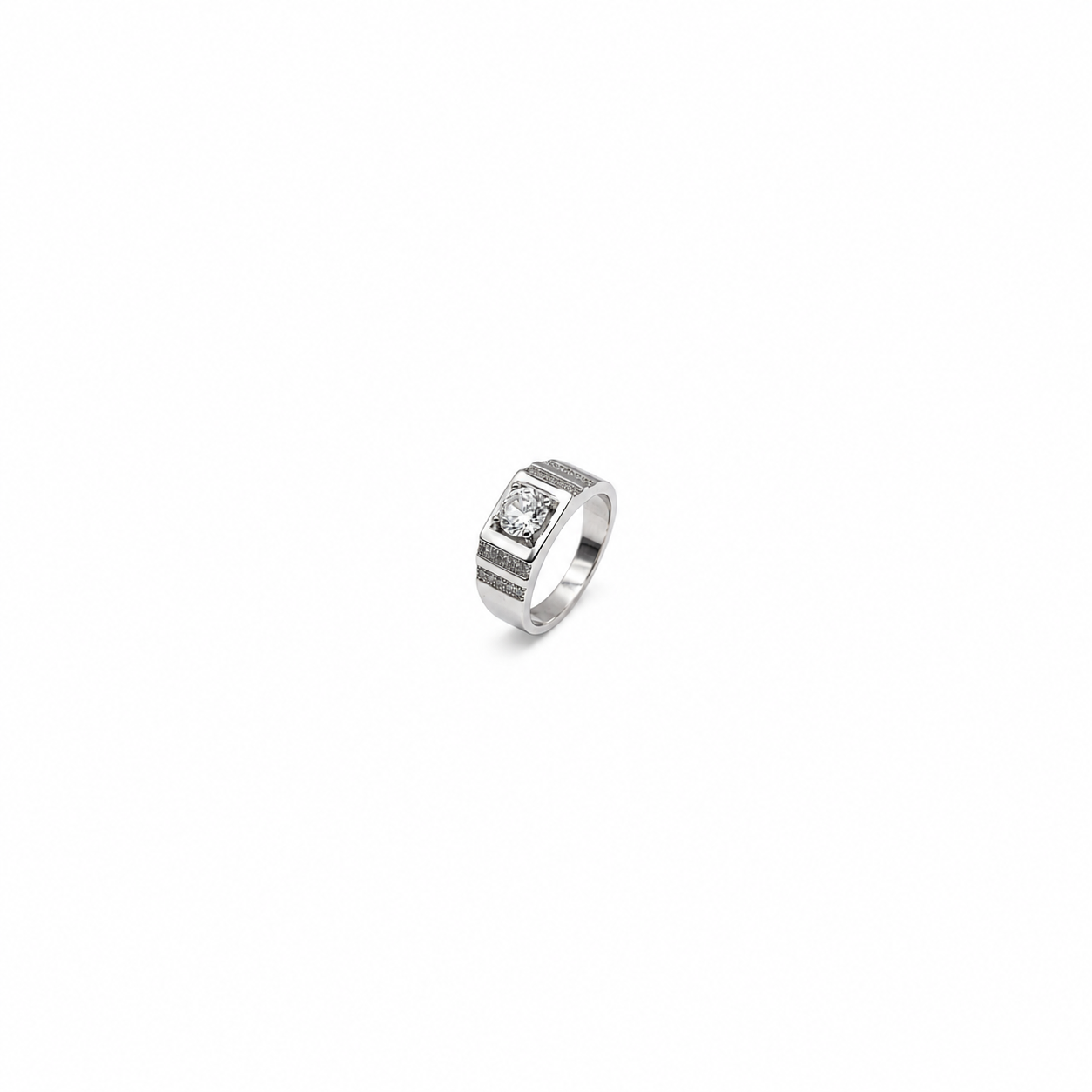 Silver mens ring with round CZ in a square top