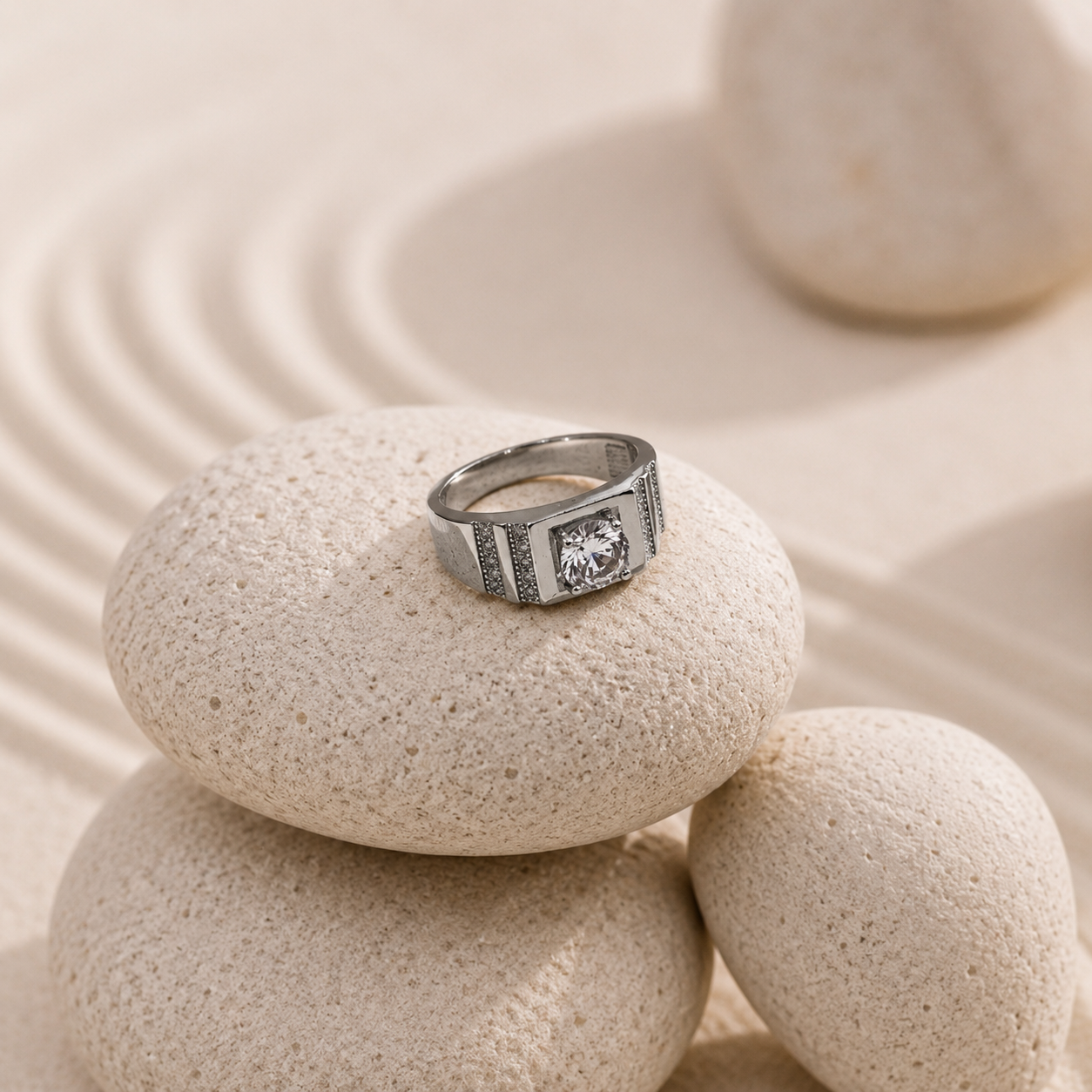 Flat square top mens ring with one round stone
