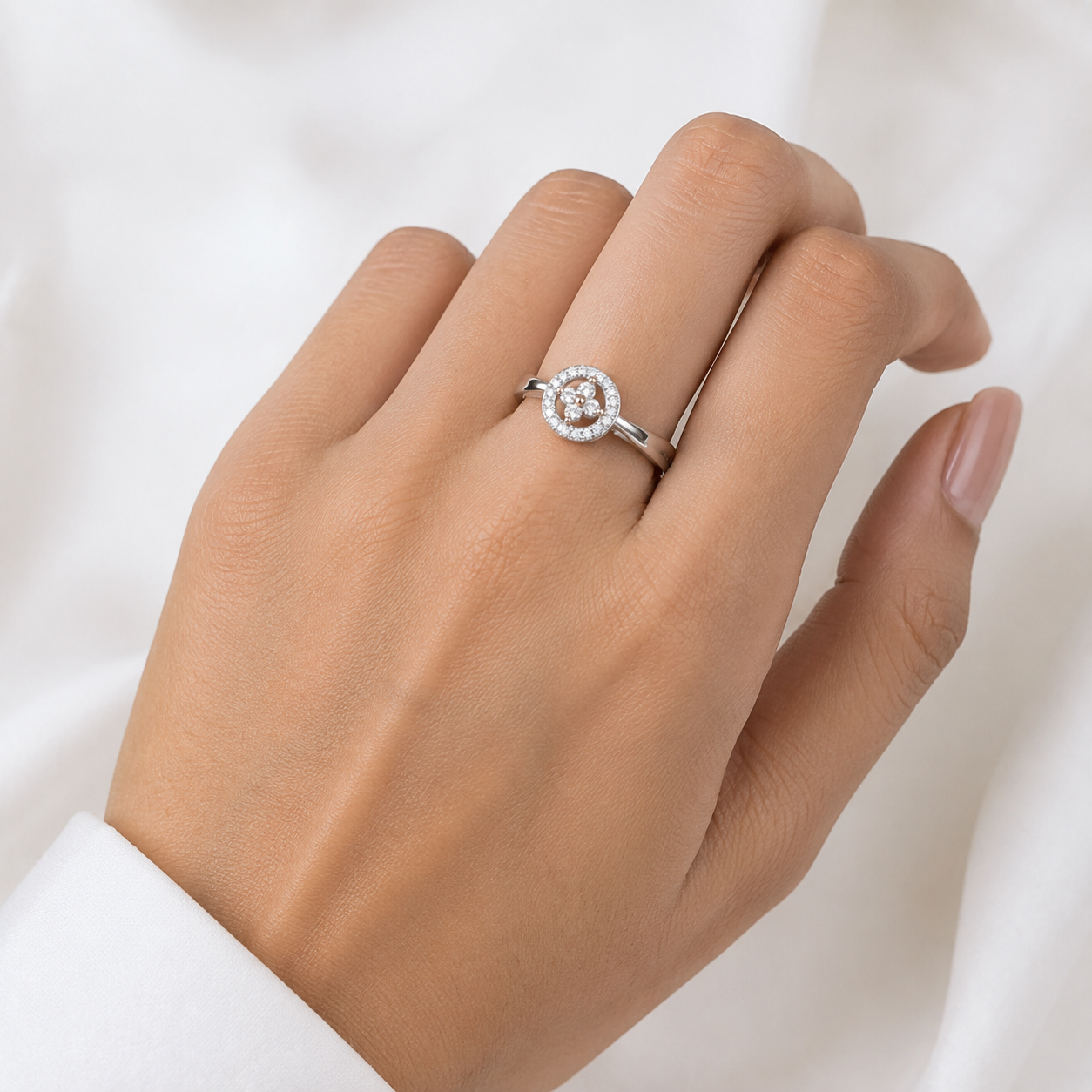 Silver Round Halo Cluster Ring