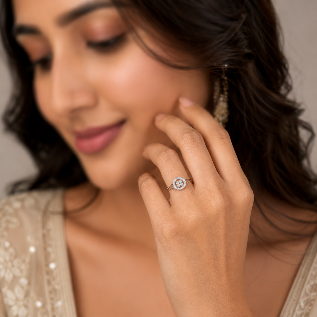 Silver Round Halo Cluster Ring