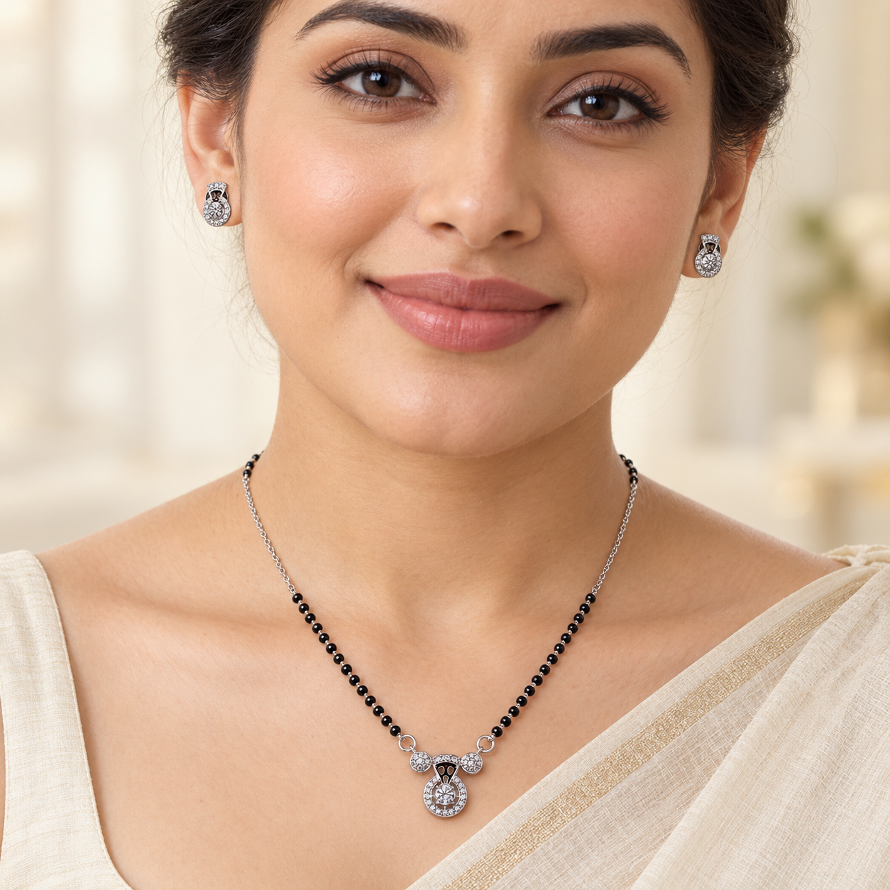 Silver Round Halo Solitaire Mangalsutra Set