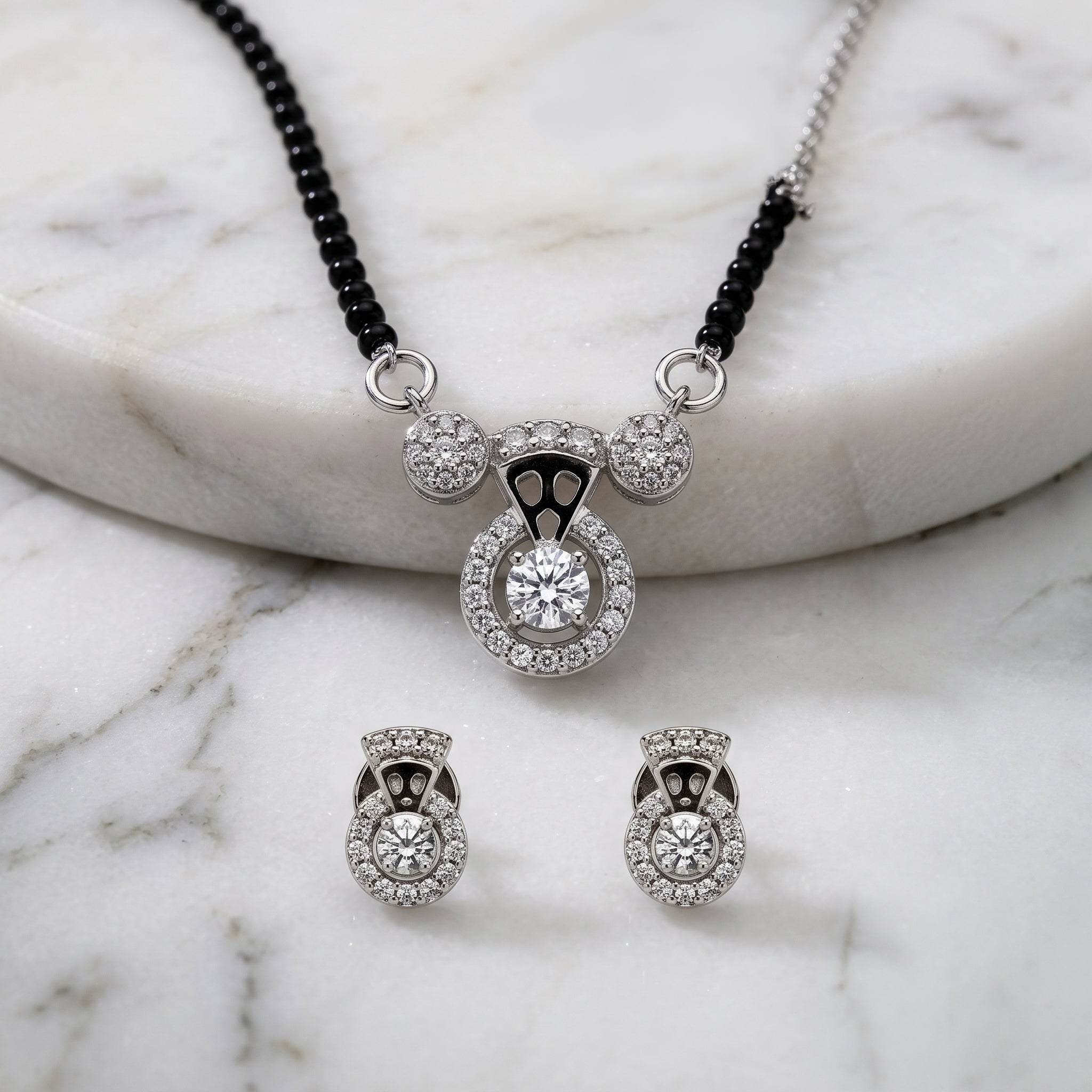 Silver Round Halo Solitaire Mangalsutra Set