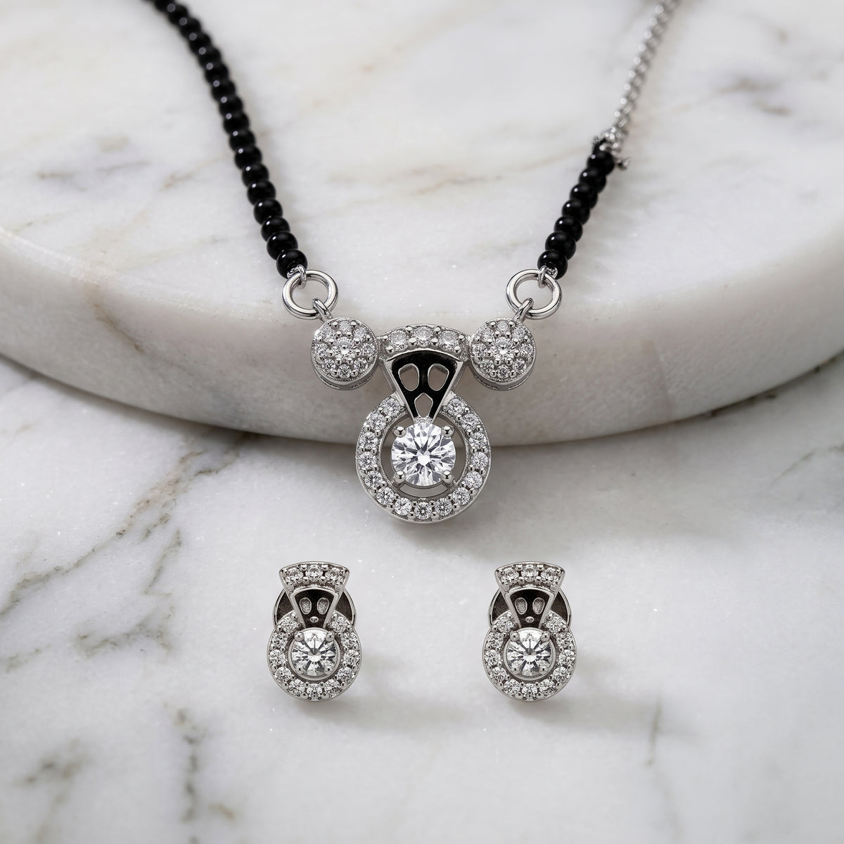 Silver Round Halo Solitaire Mangalsutra Set