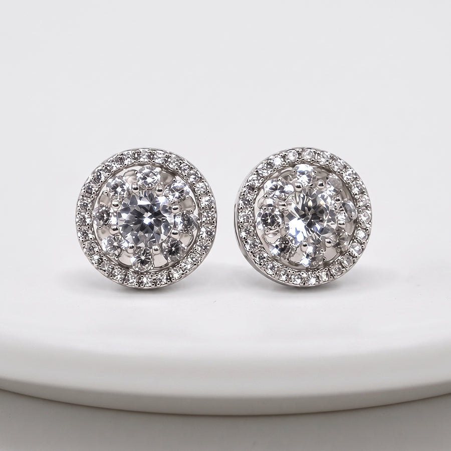 Silver Round Halo Solitaire Stud Earrings