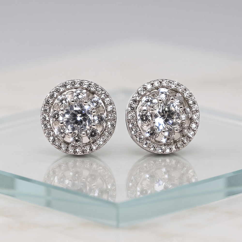 Silver Round Halo Solitaire Stud Earrings