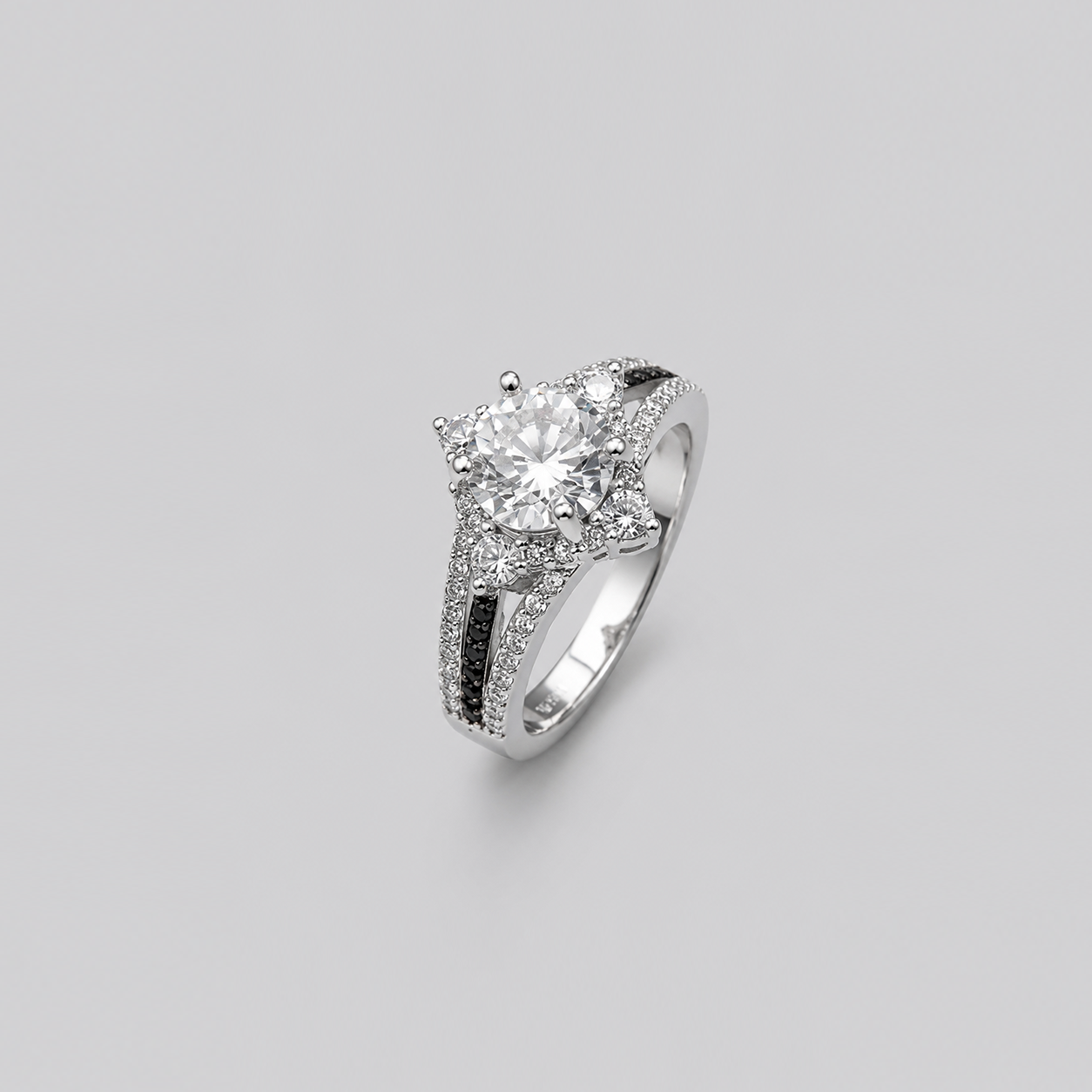 Silver Round Solitaire Black Accent Ring