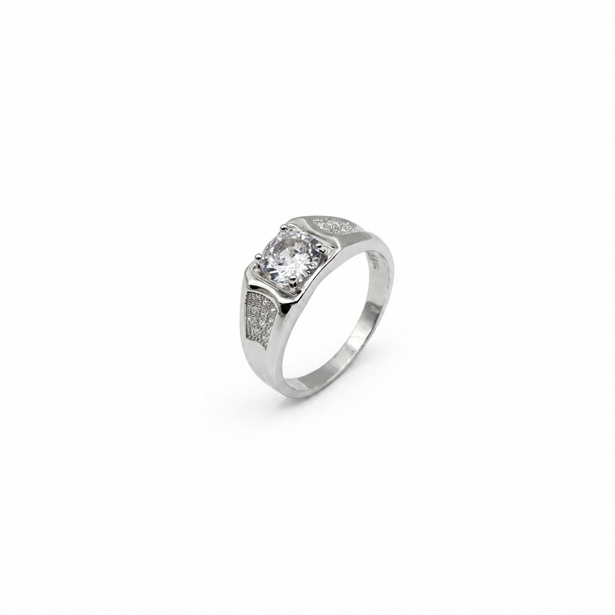 Silver mens ring with a single round solitaire