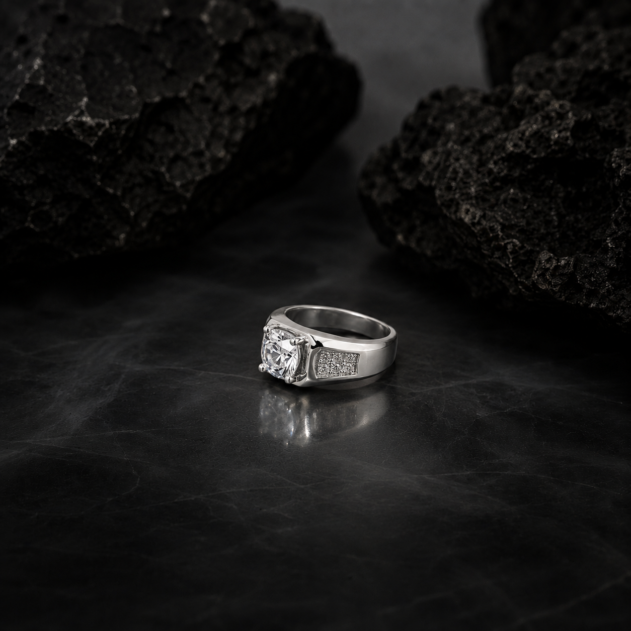 Round solitaire on a heavy silver mens band