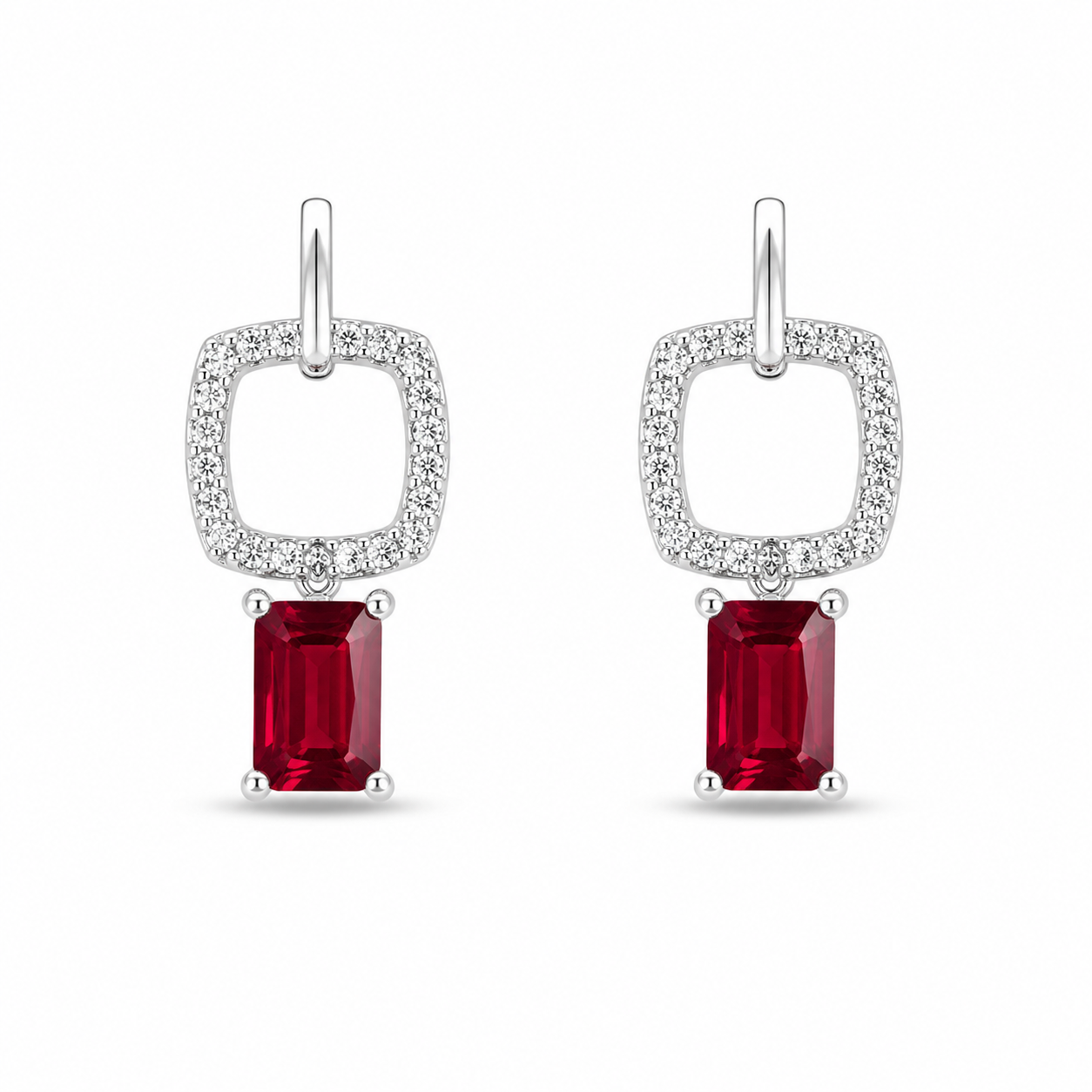 Front view of Silver Ruby Red Emerald Cut Drop Earrings (Pave Square Frame) with ruby-red rectangular stones suspended below open pave square frames