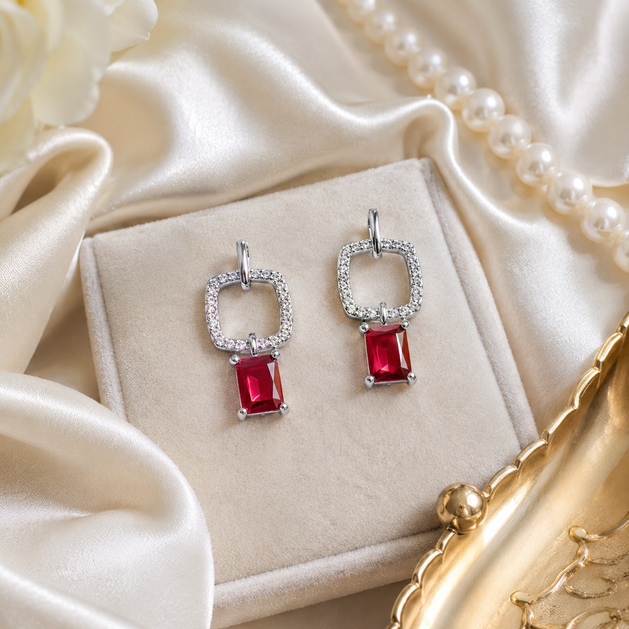 Pair of Silver Ruby Red Emerald Cut Drop Earrings (Pave Square Frame) displayed on a jewellery pad, showing the open square CZ frames and red drops