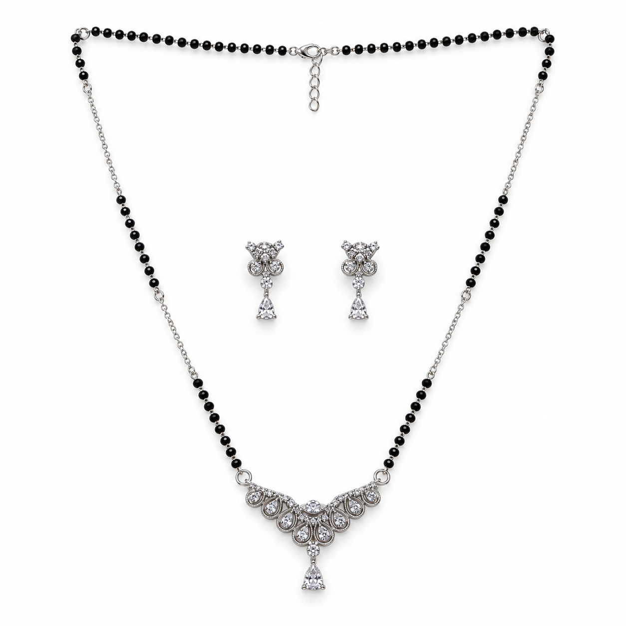 Silver Scalloped Fan Pear Drop Mangalsutra Set