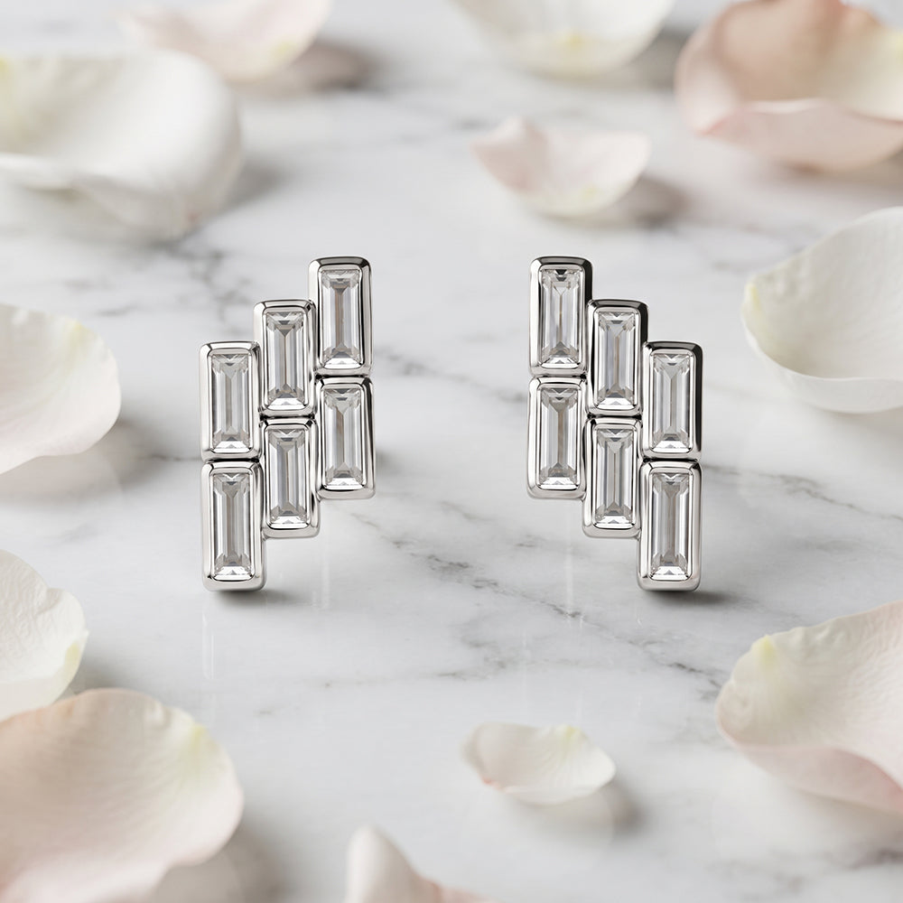 Silver Scattered Baguette Cluster Stud Earrings