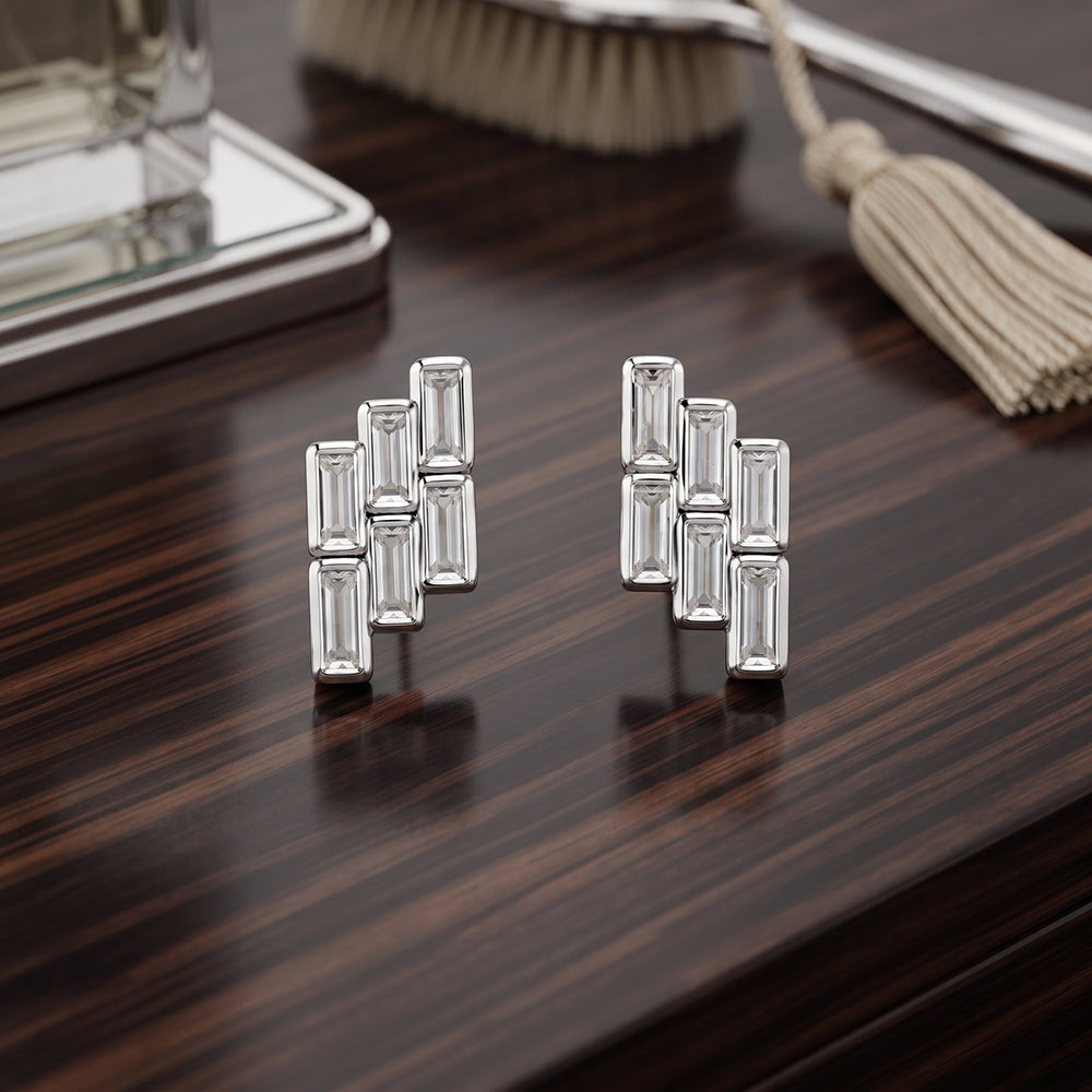 Silver Scattered Baguette Cluster Stud Earrings