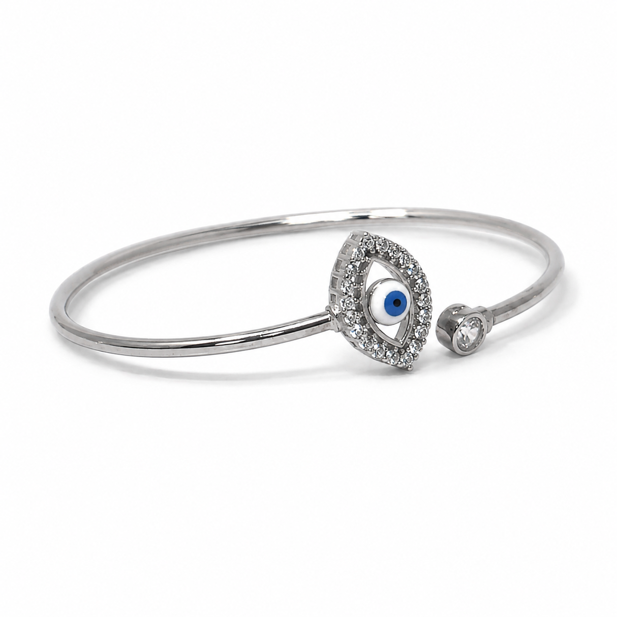 Silver Single Evil Eye Wire Cuff Bracelet