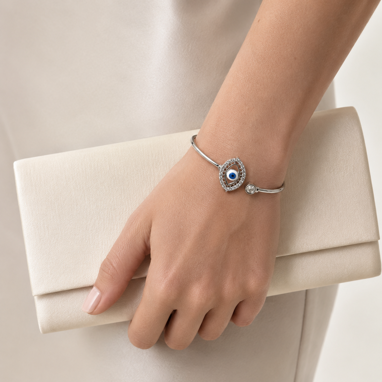 Silver Single Evil Eye Wire Cuff Bracelet