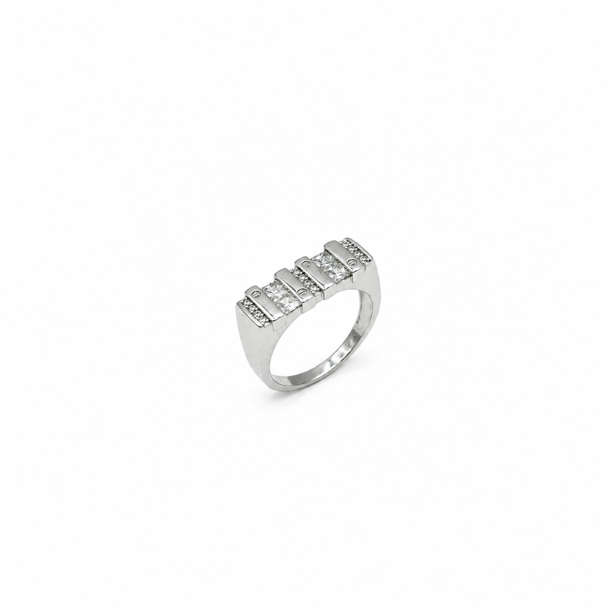 Silver mens band ring with channel set square CZ