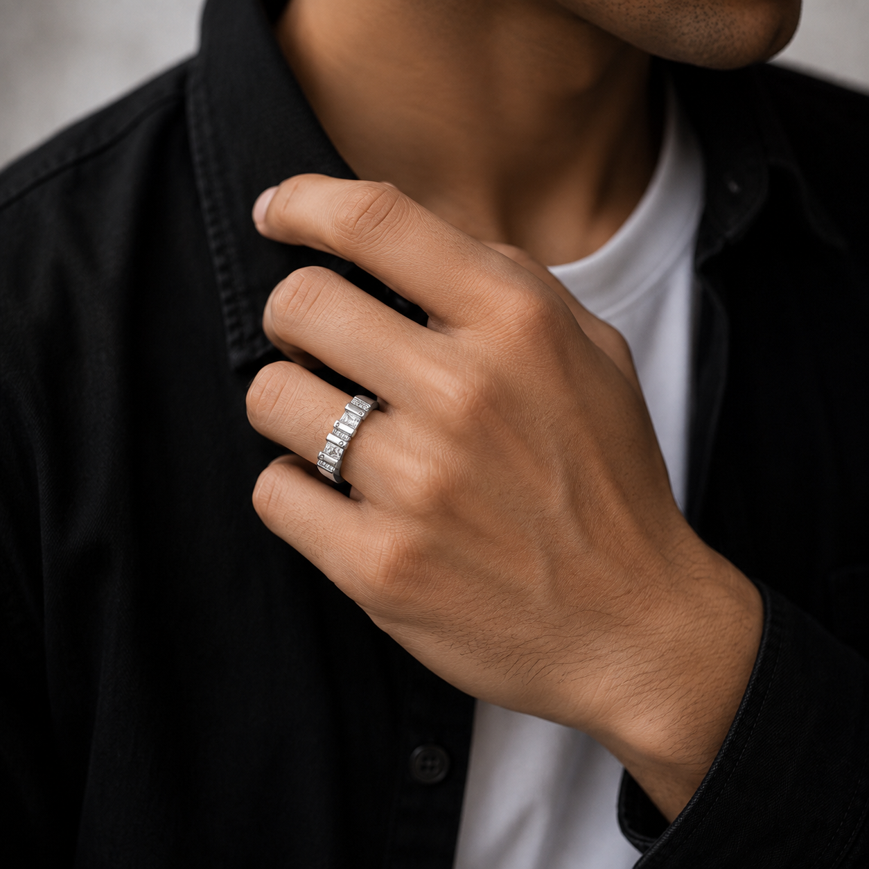 925 sterling silver square CZ mens band ring
