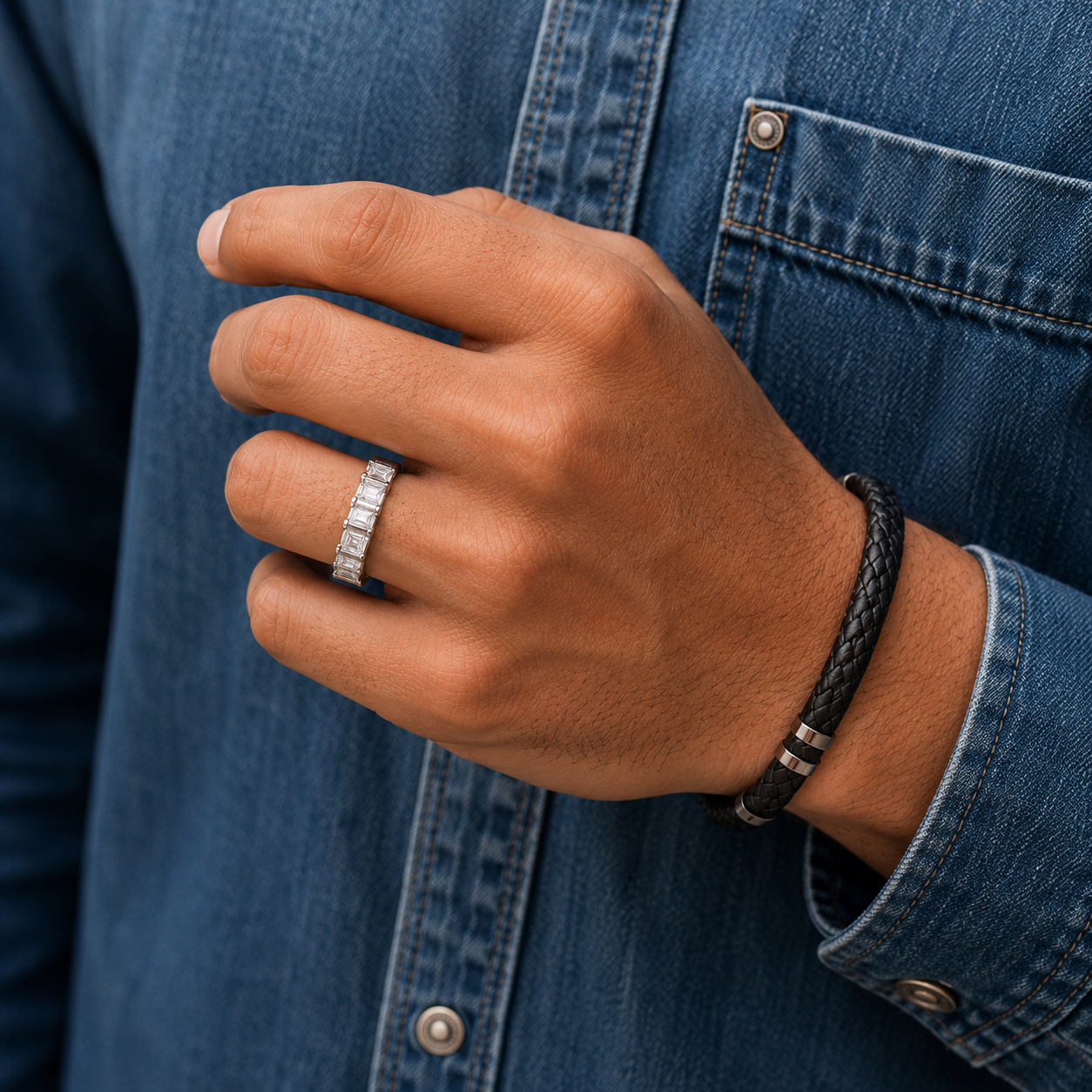 Flat profile channel set band ring for men