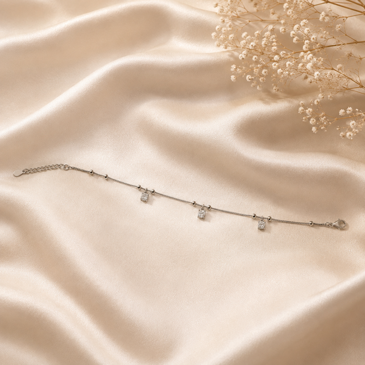 Square cut CZ drops on a fine silver anklet