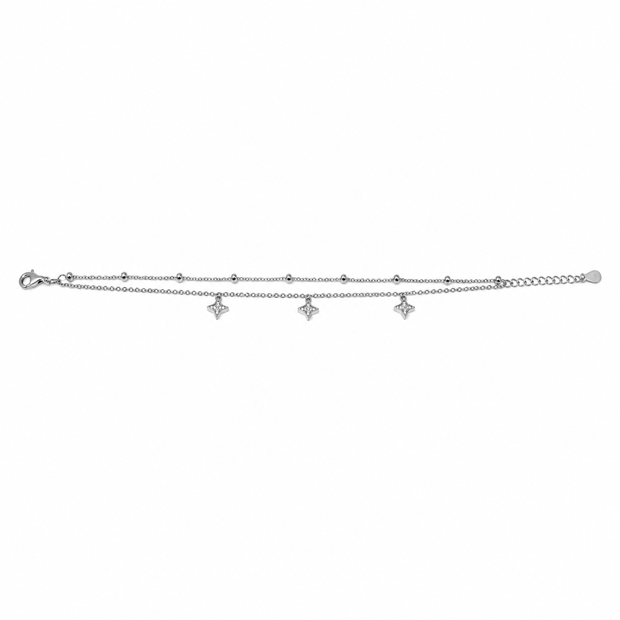 Silver charm anklet with repeating pave star charms