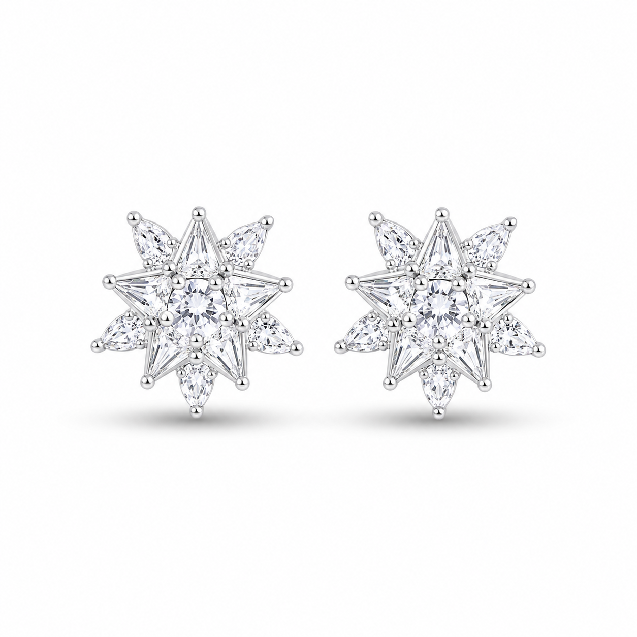 Front view of the Radiant Silver Starburst Cluster Stud Earrings highlighting the brilliant cut stones