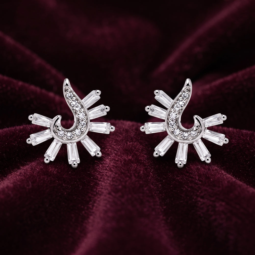 Silver Swirl Crescent Baguette Ray Stud Earrings