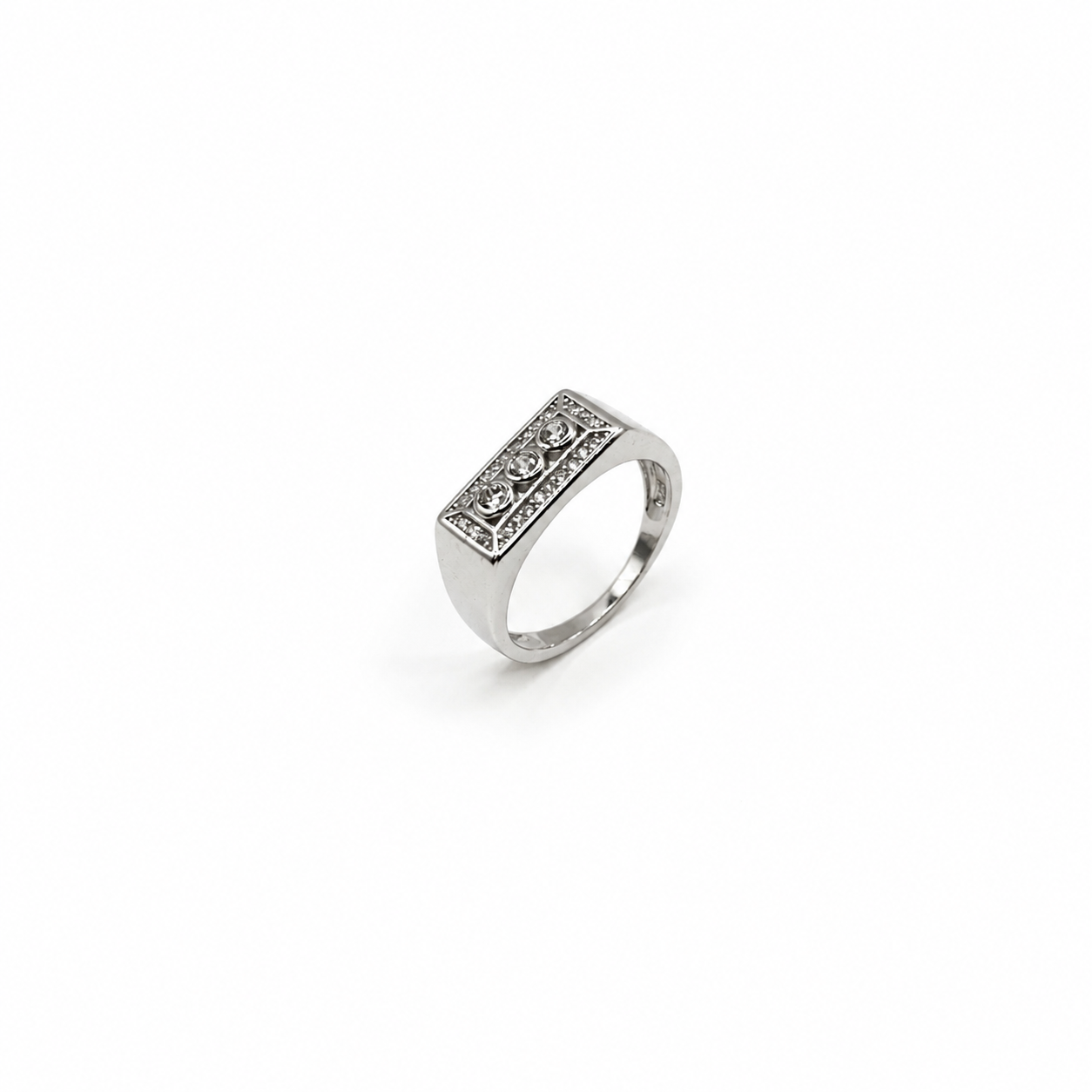 Silver mens band ring with three flush set stones