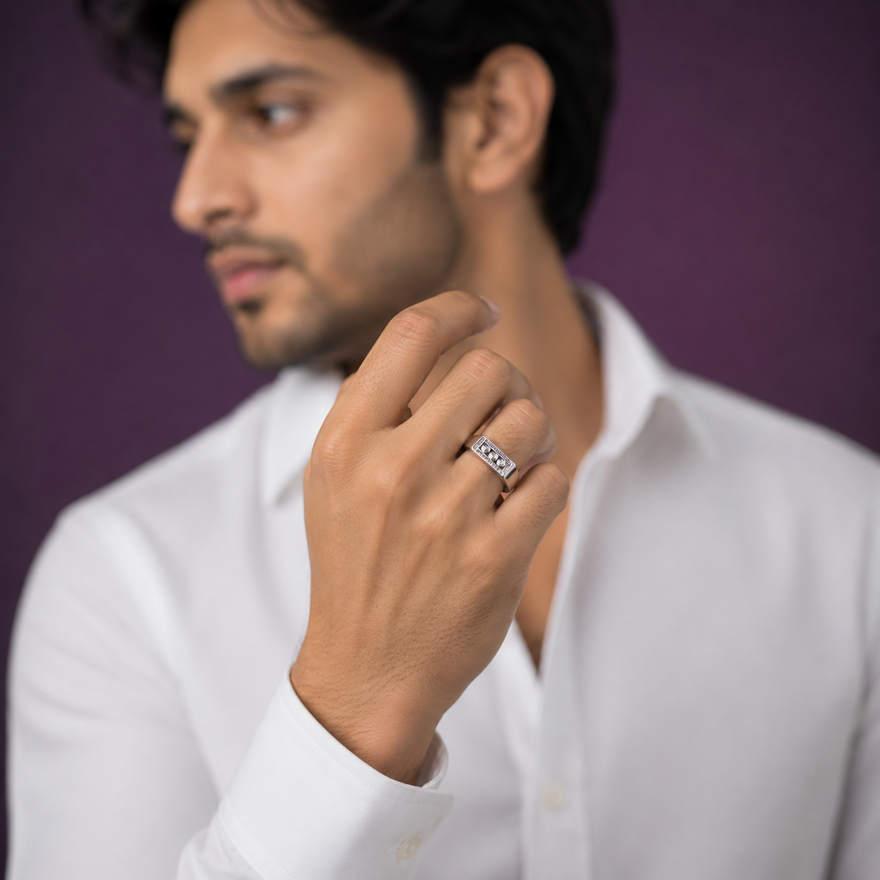 Flush set three stone mens band in silver