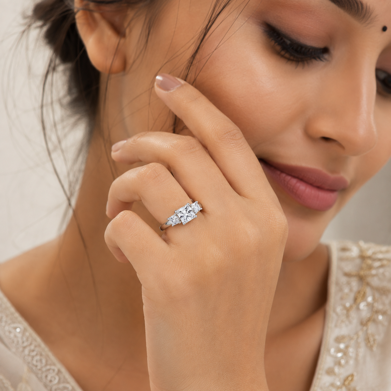 Silver Three Stone Princess-Cut Ring