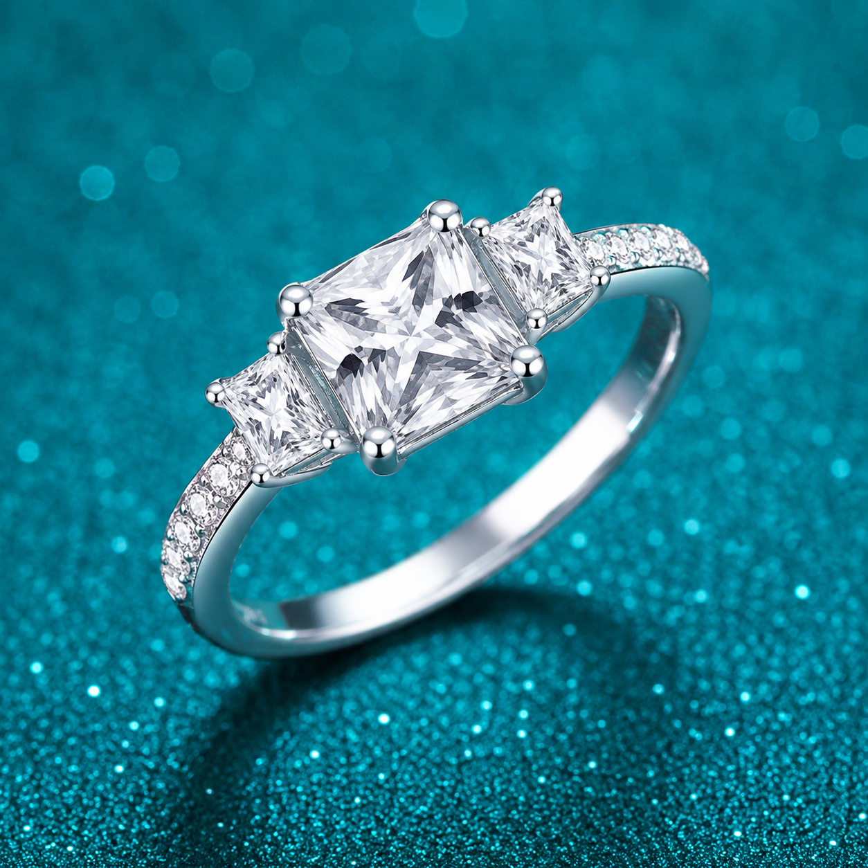 Silver Three Stone Princess-Cut Ring