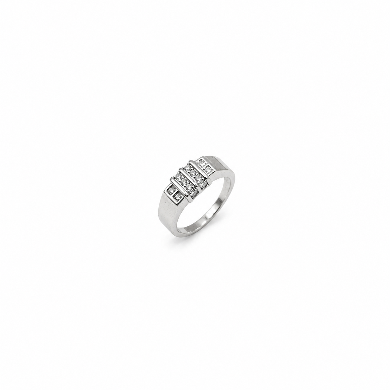 Silver mens band ring with three raised CZ blocks